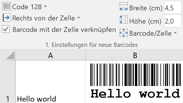 ActiveBarcode: Excel Barcode Add-In: Einzelnen Barcode einfügen