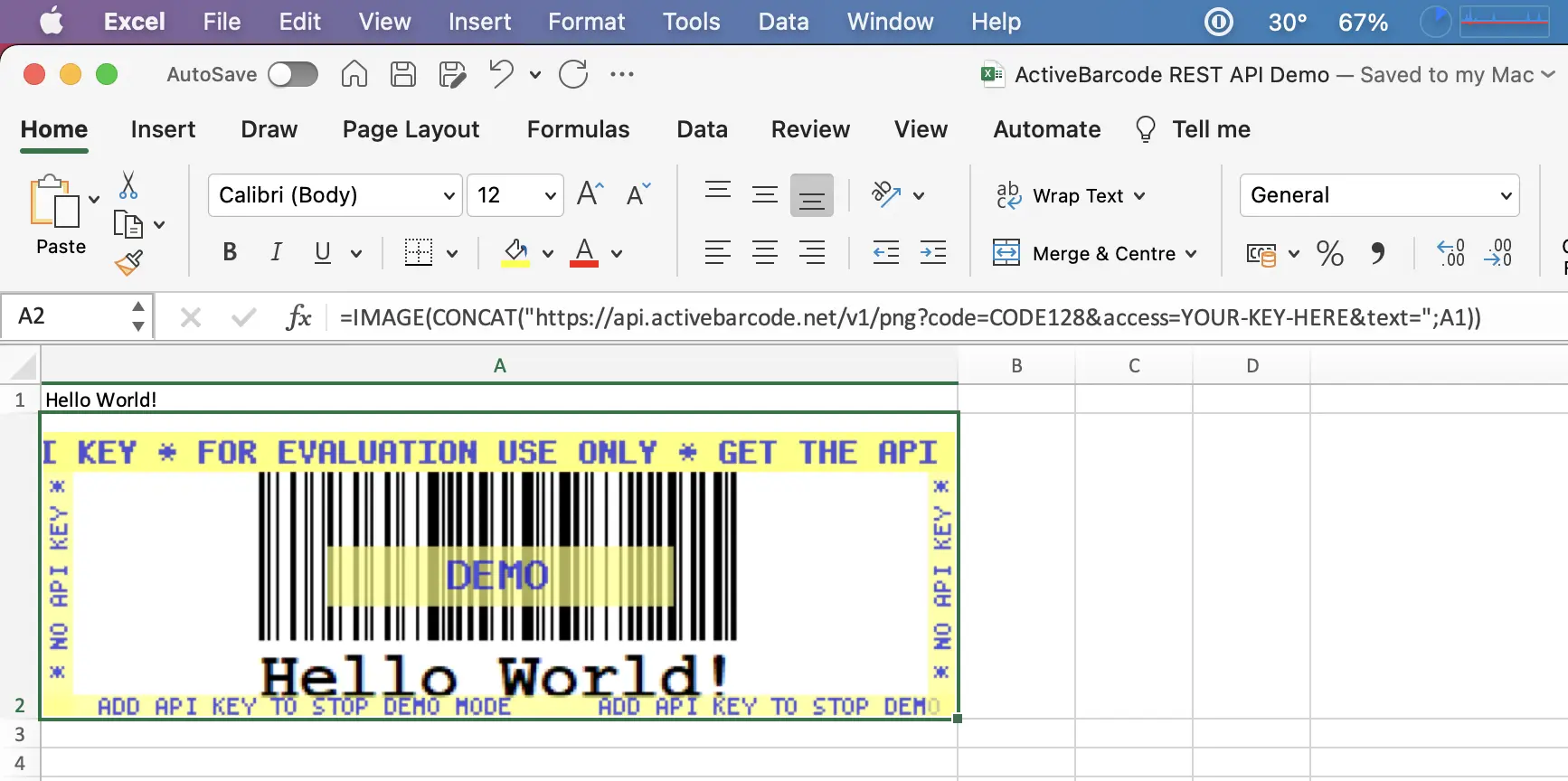 ActiveBarcode: Dieser Screenshot zeigt den resultierenden Barcode in Excel für Mac, der den Inhalt von Zelle A1 kodiert.