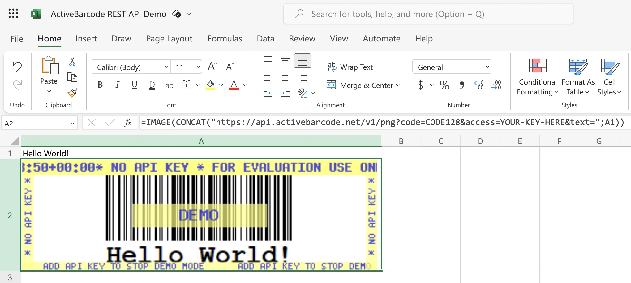 ActiveBarcode: Und dieser Screenshot zeigt den resultierenden Barcode in Excel im Web.