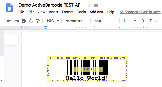 ActiveBarcode: Dieser Screenshot zeigt den resultierenden Barcode in Google Docs beim Einfügen eines Bildes mit der oben gezeigten URL.