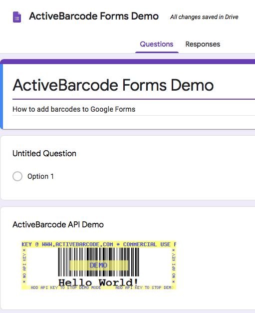 ActiveBarcode: Dieser Screenshot zeigt den resultierenden Barcode in Google Forms beim Einfügen eines Bildes mit der oben gezeigten URL.