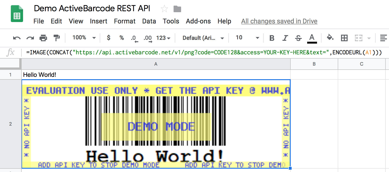 ActiveBarcode: Dieses Bildschirmfoto zeigt den resultierenden Barcode im Google Sheet, der den Inhalt von Zelle A1 kodiert.