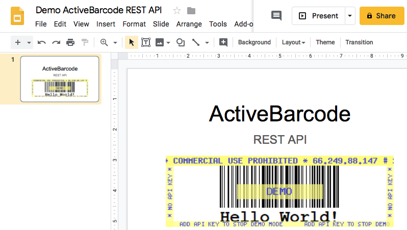 ActiveBarcode: Dieser Screenshot zeigt den resultierenden Barcode in Google Slides beim Einfügen eines Bildes mit der oben gezeigten URL.