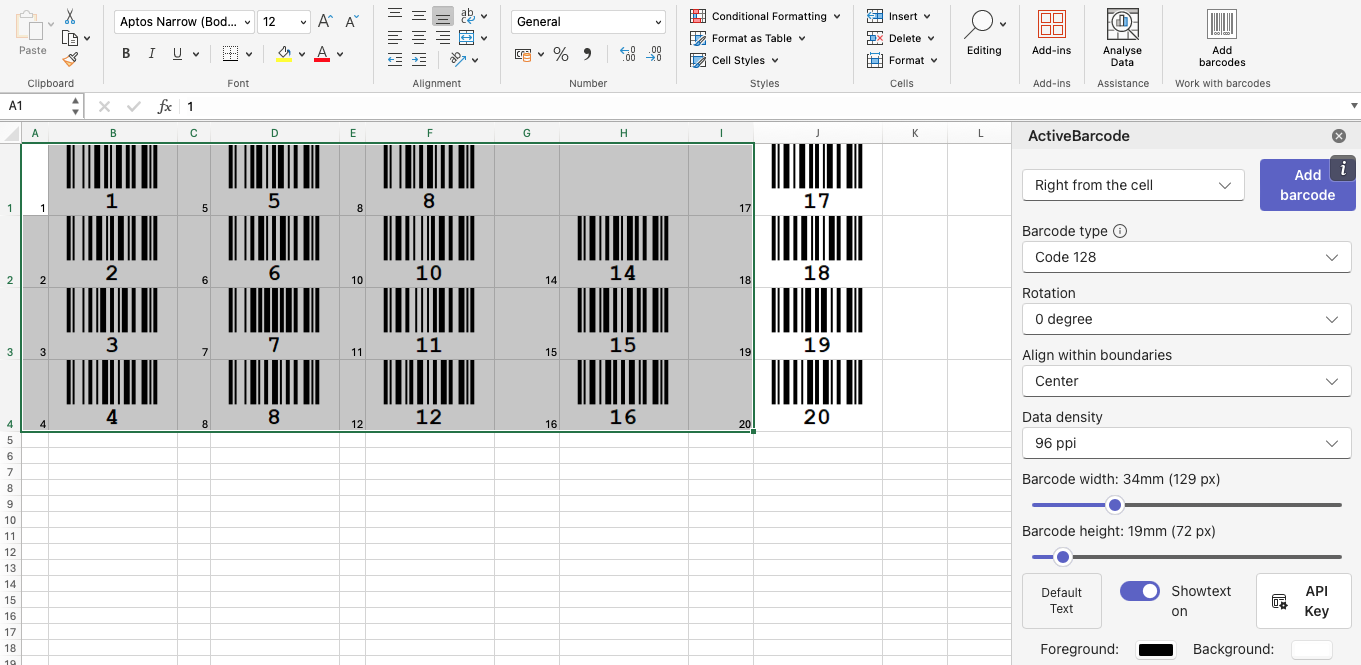 ActiveBarcode: Barcode Add-In für Excel (Microsoft 365)